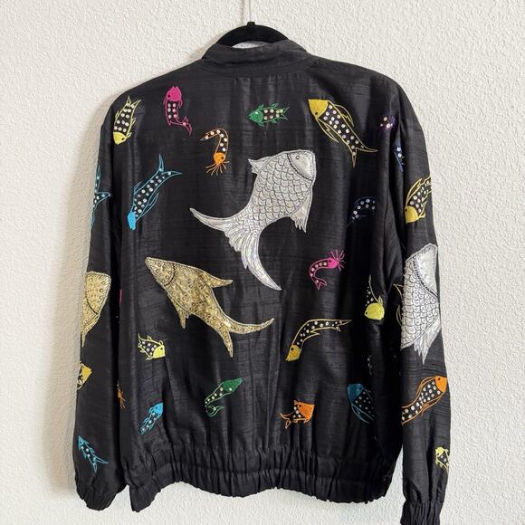 JA Resort Sea Life Jacket XS Black 100% Silk Embroidered Beaded Art To Wear - Picture 2 of 3